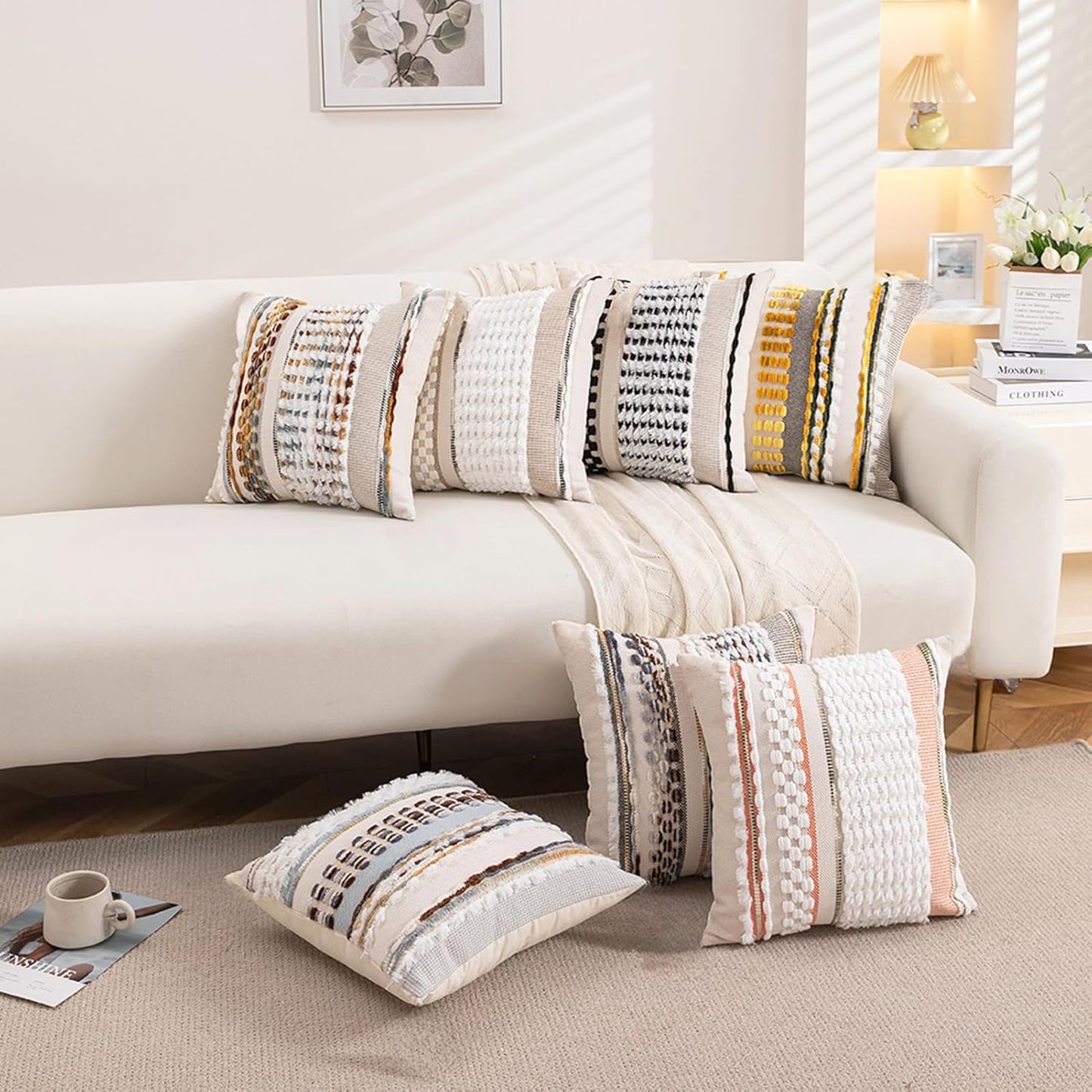 Emvency Boho Throw Pillow Covers 18x18 Inches Set of 2, Yellow and White Chenille Tufted Farmhouse Striped Chic Modern Art Square Decorative Couch Pillowcases for Home Decor Bedroom Sofa Living Room