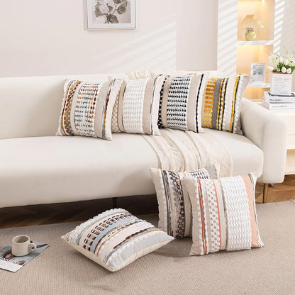 Emvency Boho Throw Pillow Covers 18x18 Inches Set of 2, Yellow and White Chenille Tufted Farmhouse Striped Chic Modern Art Square Decorative Couch Pillowcases for Home Decor Bedroom Sofa Living Room