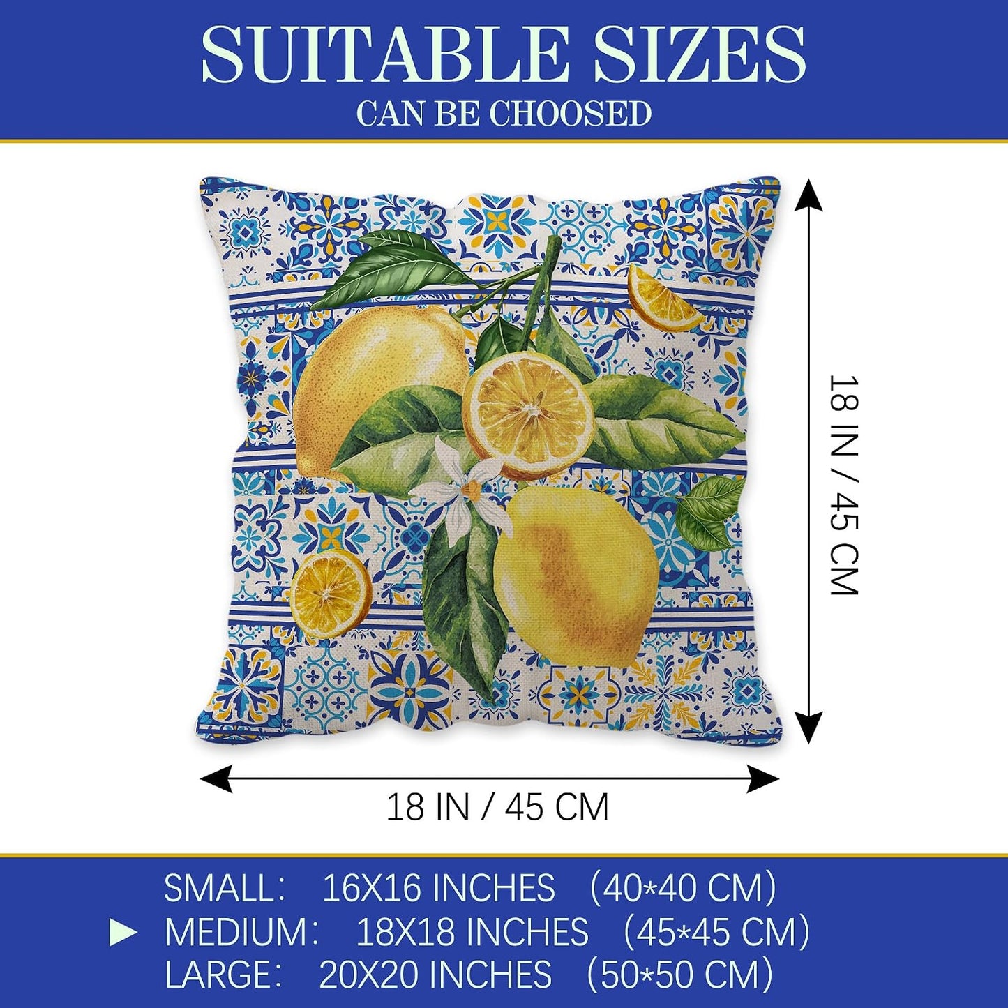 Lemon Pillow Covers 18x18, Home Sweet Home Throw Pillowcase, Yellow and Blue Mediterranean Summer Decor Italian Themed Tile Flower Pattern Square Cushion Covers for Sofa Bed Couch Set of 4