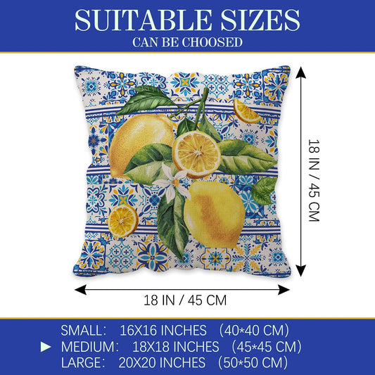 Lemon Pillow Covers 18x18, Home Sweet Home Throw Pillowcase, Yellow and Blue Mediterranean Summer Decor Italian Themed Tile Flower Pattern Square Cushion Covers for Sofa Bed Couch Set of 4