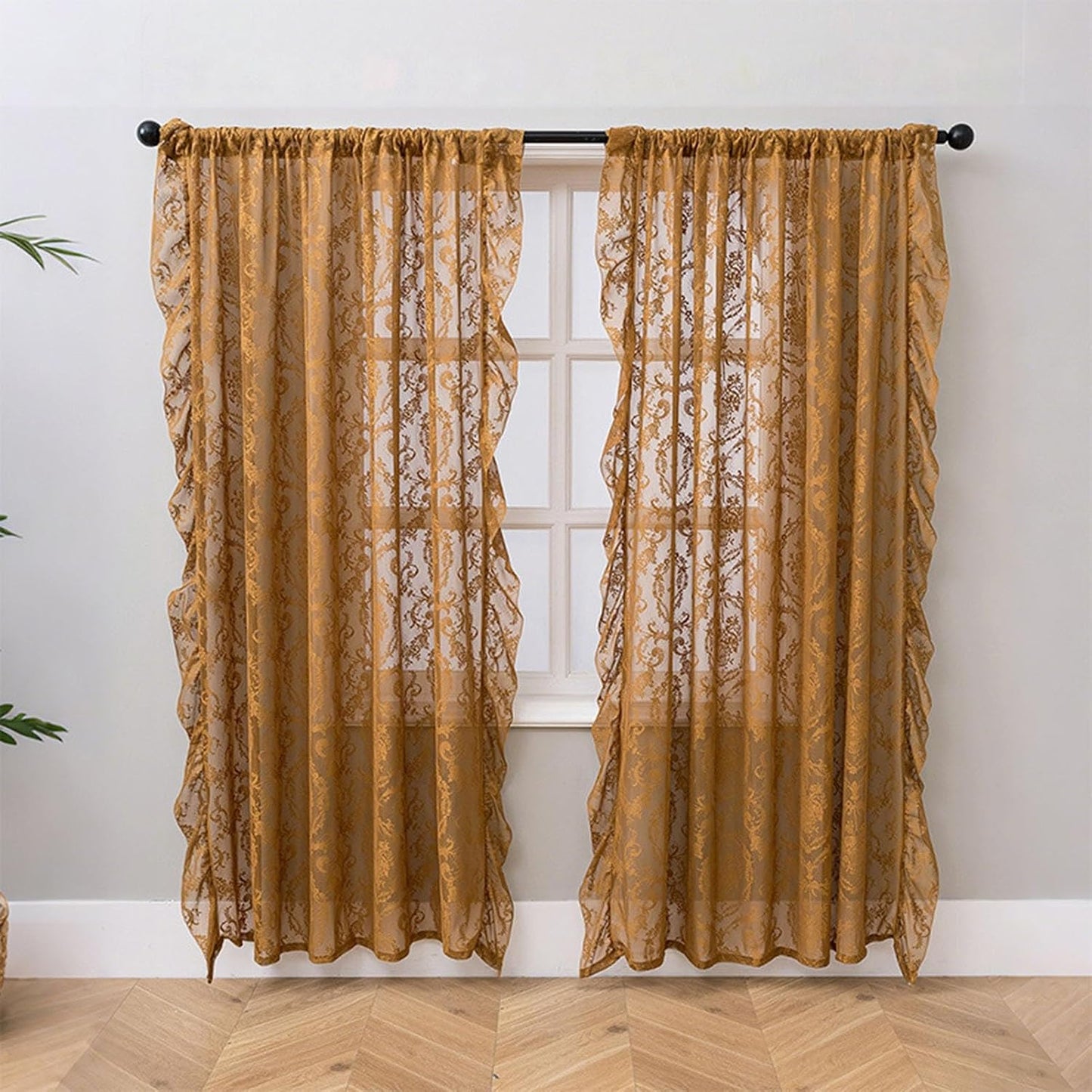Living Room Lace Curtains 63/79/102 inch Long, 2 Panels Rustic Floral Vintage Sheer Window Curtains with Ruffle Rod Pocket for Balcony Bedroom(Yellow,140x160cm/55x63inch)