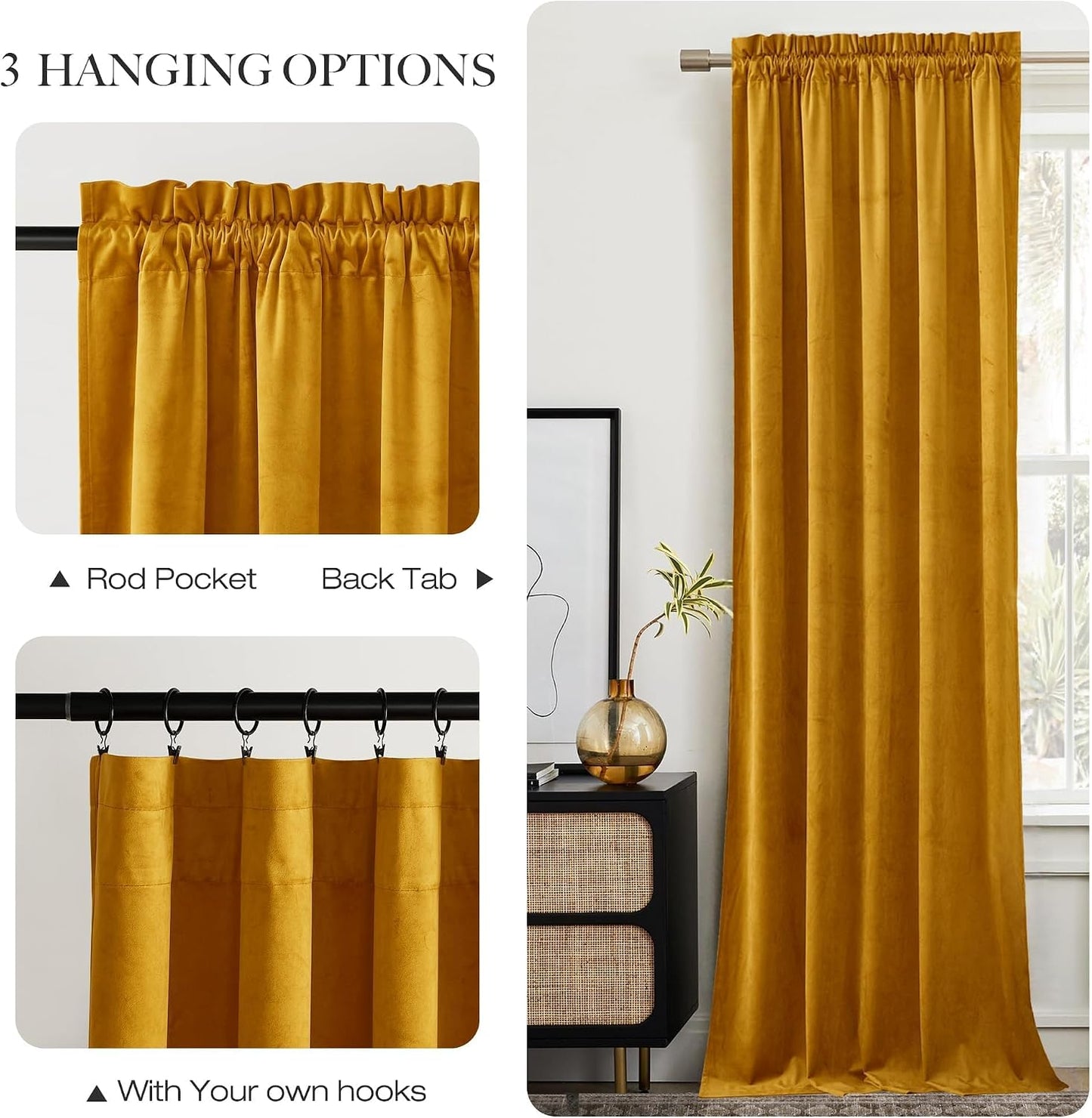 NICETOWN Yellowish Gold Velvet Curtains 108 inches Long, Bedroom Velvet Window Drapes, Luxury Curtains Home Decoration Thick Drapes for Dining Room (1 Pair, 52 Wide)