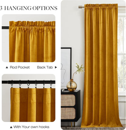 NICETOWN Yellowish Gold Velvet Curtains 108 inches Long, Bedroom Velvet Window Drapes, Luxury Curtains Home Decoration Thick Drapes for Dining Room (1 Pair, 52 Wide)