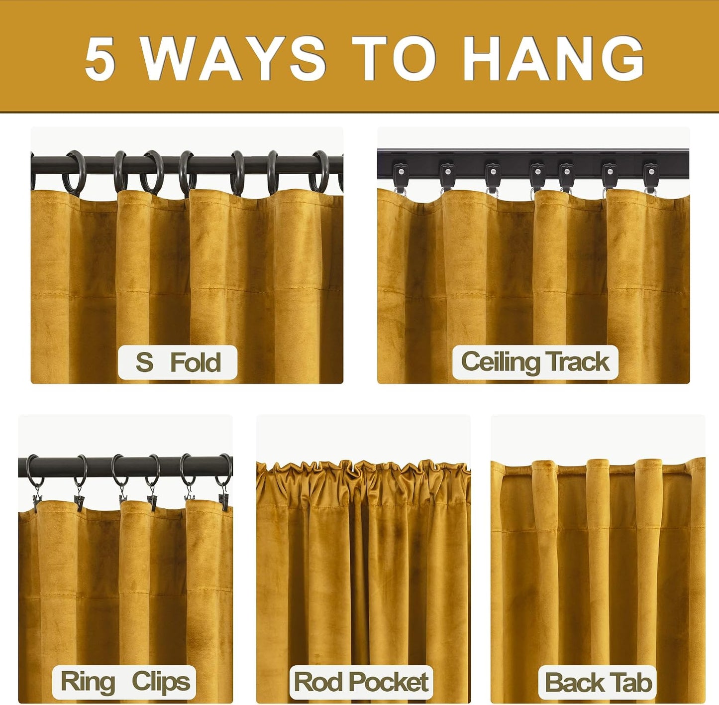 KOUFALL Mustard Yellow Velvet Curtains Blackout,Back Hook Retro Mid Century Modern Curtain,Pleated MCM Vintage Boho Eclectic Curtains for Living Room Bedroom 84 Inches Long 2 Panels