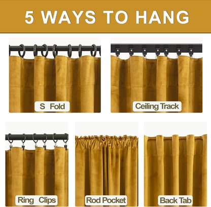KOUFALL Mustard Yellow Velvet Curtains Blackout,Back Hook Retro Mid Century Modern Curtain,Pleated MCM Vintage Boho Eclectic Curtains for Living Room Bedroom 84 Inches Long 2 Panels