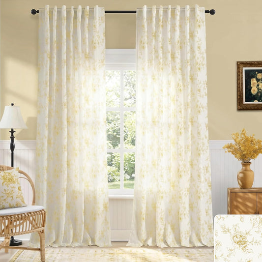 Light Yellow Floral Spring Curtains for Living Room, 84 Inch Semi Sheer Linen Drapes, Vintage French Country Cottage Core Farmhouse Rose Toile Patterned Window Panels for Bedroom Dining Room