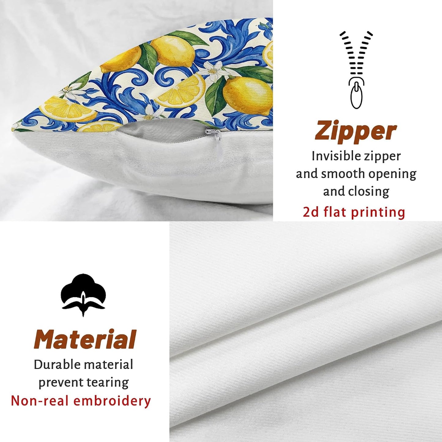 Lemon Throw Pillow Covers Set of 4, Mediterranean Traditional Floral Blue Swirls Summer Yellow Soft Velvet Washable Cushion Covers Pillow for Living Room Bedroom Loft Office Car Decor 16x16 Inch