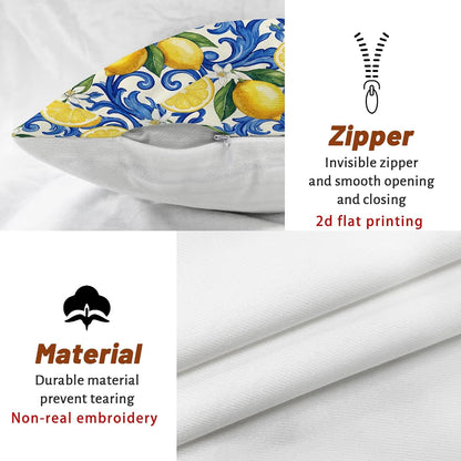 Lemon Throw Pillow Covers Set of 4, Mediterranean Traditional Floral Blue Swirls Summer Yellow Soft Velvet Washable Cushion Covers Pillow for Living Room Bedroom Loft Office Car Decor 16x16 Inch