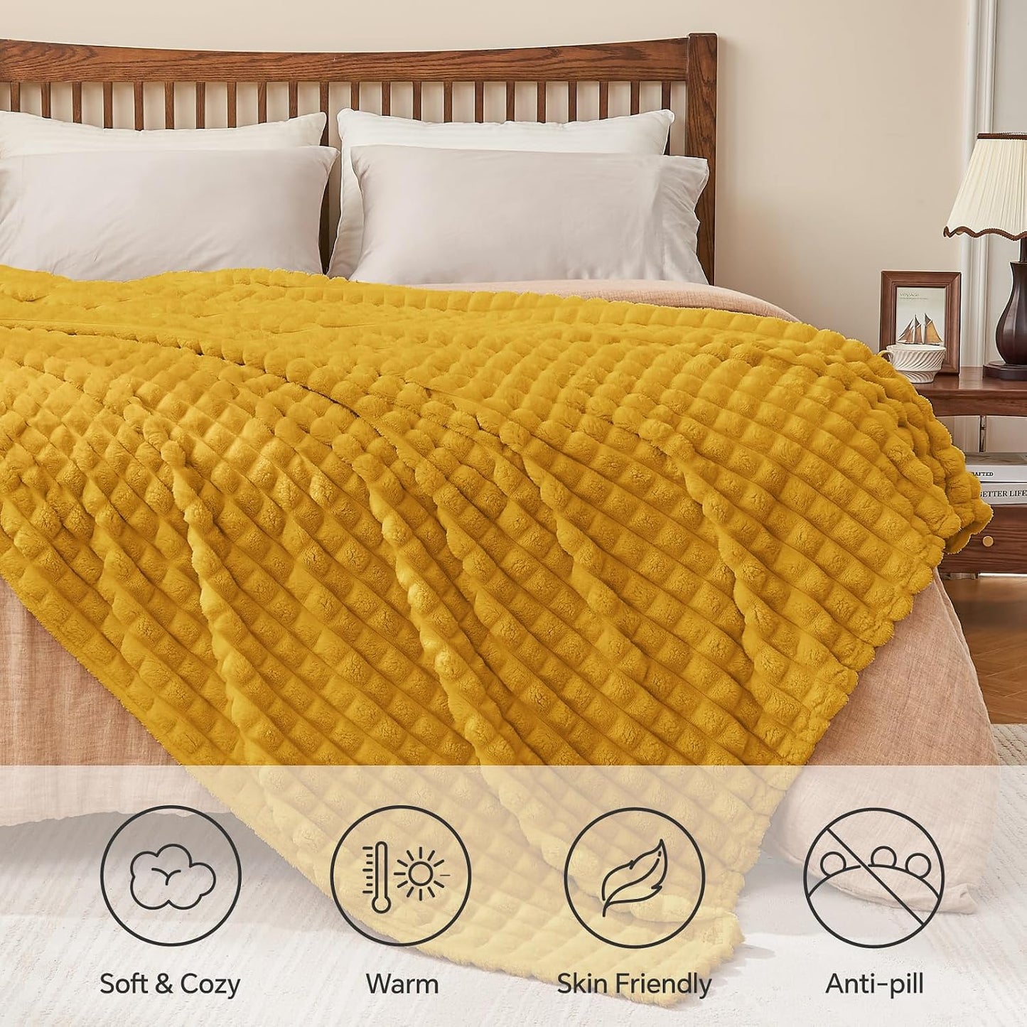 BEDELITE Mustard Yellow Throw Blanket for Couch - Soft Lightweight 3D Checkered Fluffy Fuzzy Fleece Blanket, Luxurious Plush Cozy Summer Blanket for Home Room Decor, Gift for Women, 50"x60"