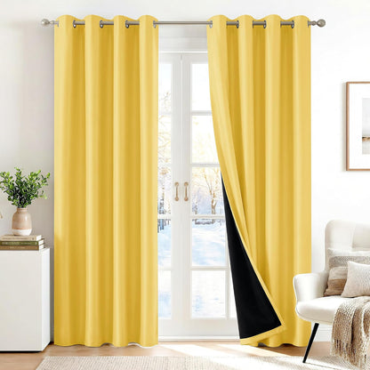 Deconovo 100% Blackout Curtains, Thermal Insulated Window Drapes, Noise Reducing Panels, Black Liner Grommet Drapes, Bedroom Nursery Home Office, Yellow, 52W x 63L, 2 Panels