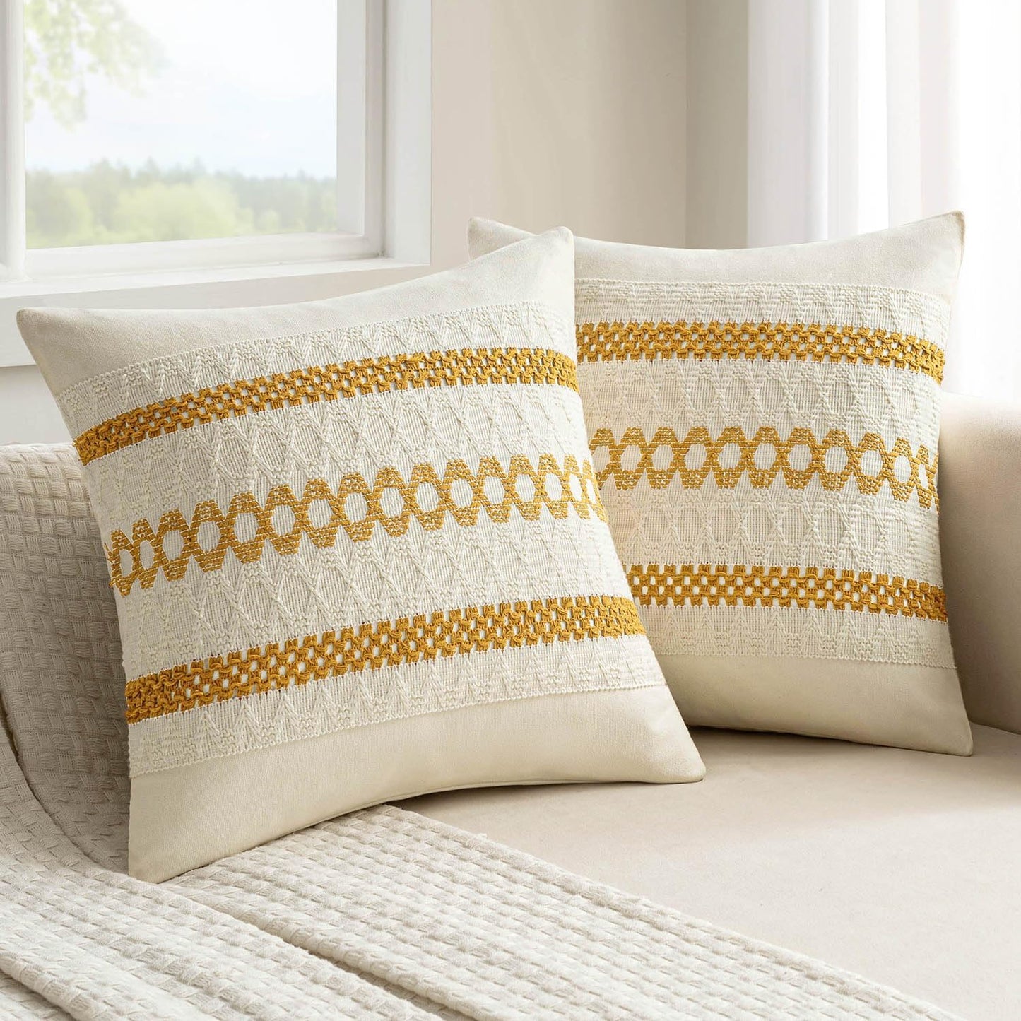 MIULEE Set of 2 Mustard Yellow Boho Decorative Pillow Covers 18x18 Inch Farmhouse Rustic Couch Throw Pillows Modern Spring Cotton Cushion Covers Retro Cute Macrame Woven Home Decor for Bed Sofa Chair