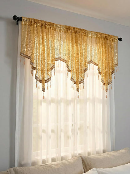 Molaxhome Swag Curtain 51 inch Length Rod Pocket Scalloped Curtain Valance Sheer Lace Panels with Hanging Crystal Beads for Kitchen Bedroom Window Treatments Drape Decor 1pc (Sequin Yellow, 51Wx23L)