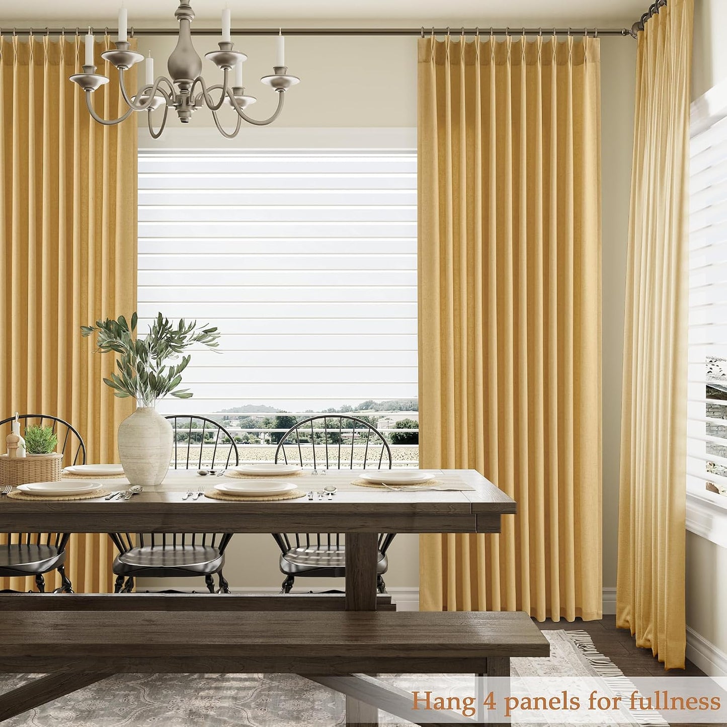 Aersas Gold Yellow Pinch Pleated Linen Curtains 84 Inch Length 2 Panels for Living Room Bedroom Semi Sheer Window Curtain Boho Neutral Back Tab Pinch Pleat Drape with Hooks 40x84