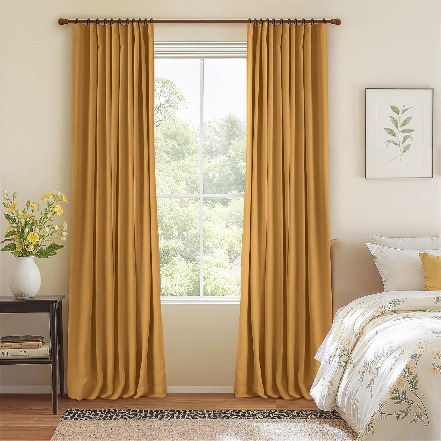INOVADAY 100% Blackout Curtains for Bedroom, Mustard Yellow Black Out Curtains 84 Inch Long, Clip Rings Linen Blackout Drapes, Thermal Insulated Room Darkening for Living Room, 2 Panels - W50xL84