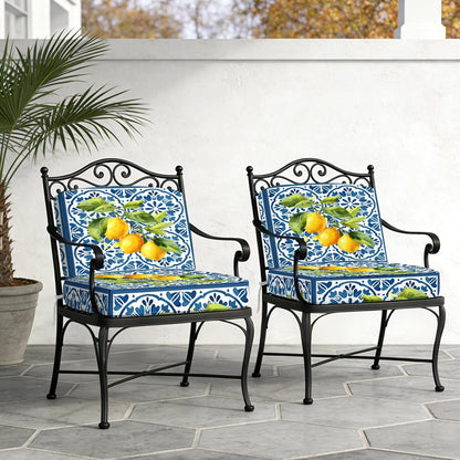 Yellow Lemon Indoor/Outdoor Seat Cushions Cover, Summer Country Fruits Italian Style Blue Waterproof Patio Chaise Lounge Cushion Cover for Beach Pool Side Chair Cushions 20''x18''x2pcs