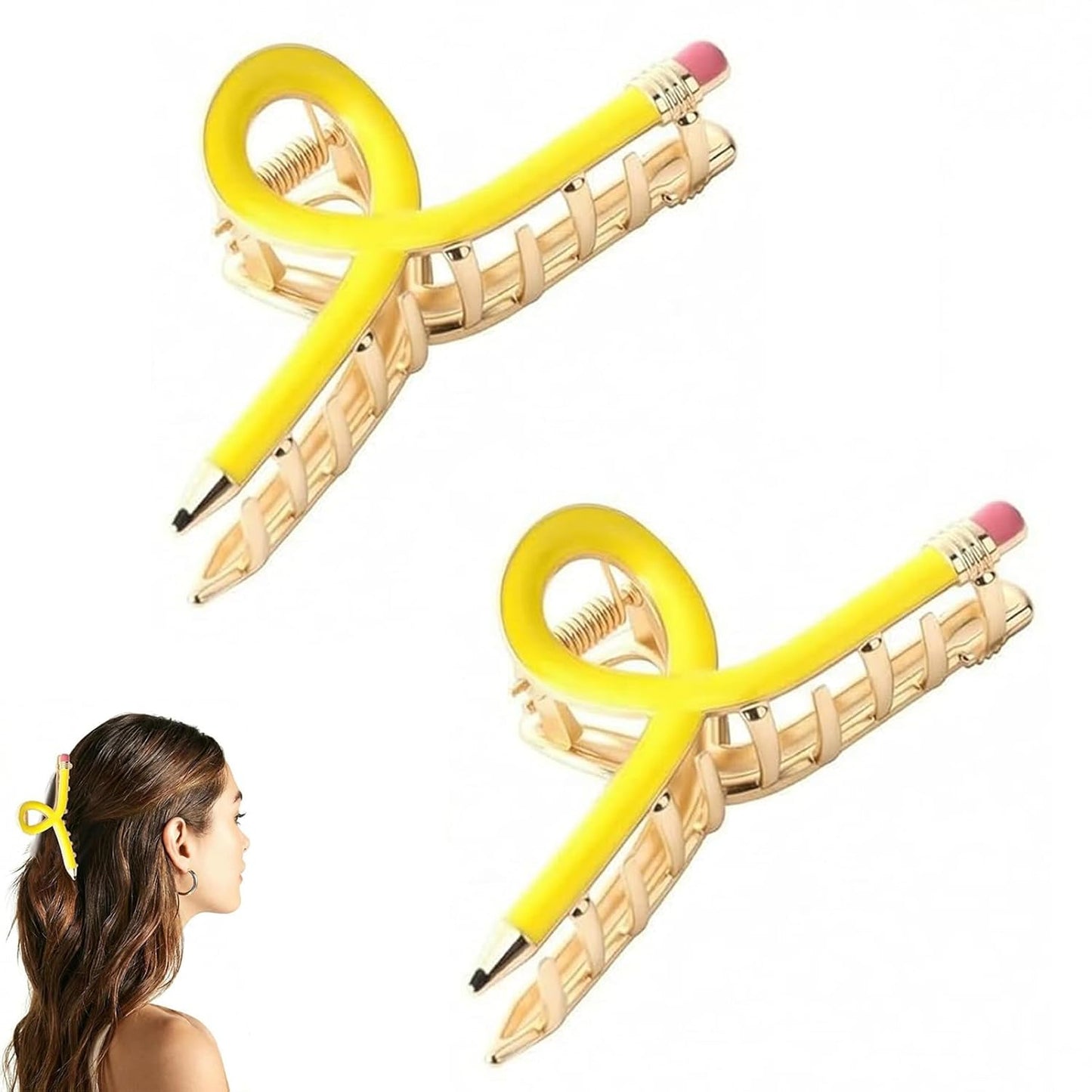 2 Pcs Teacher Hair Clips, Yellow Pencil Claw Clips | Funny back to school hair accessories for thick hair, teachers, students, classroom outfits, and cute school day decor