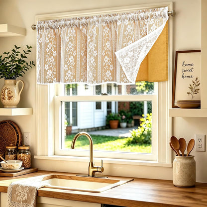 ASPMIZ Linen Valances for Windows Double Layer Valance Curtains with Lace Overlay, Mustard Yellow Kitchen Curtains Light Filtering, Rod Pocket Window Valances for Living Room, Kitchen, Cafe, 52x18
