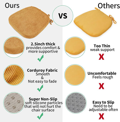 2.5" Thick Chair Cushions for Dining Chair, Corduroy High Density Foam Kitchen Chair Pads, U Shaped Indoor Seat Cushions with Ties & Non-Slip Backing, Washable Cover, 17''x16.5'', Yellow