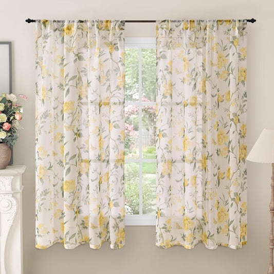 Lajode Floral Sheer Curtains for Bedroom Window 63 Inch Length 2 Panels, Farmhouse Light Filtering Privacy Patterned Semi-Sheer Linen Curtains for Living Room Rod Pocket, Yellow, Each 52 Inch Wide