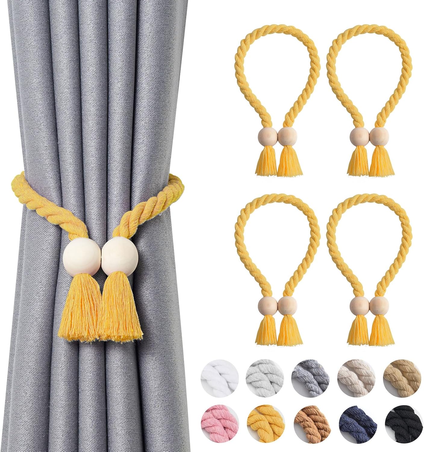 NICEEC 4 Pack Wooden Ball Magnetic Curtain Tiebacks Boho Home Decor Drape Tie Backs Natural Cotton Hand Woven Rope Curtain Holdbacks for Thin & Thick Home & Office Window Draperies (Yellow)
