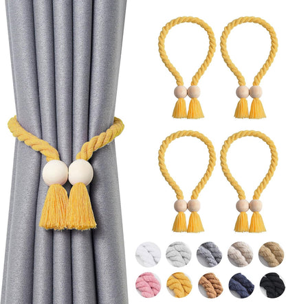 NICEEC 4 Pack Wooden Ball Magnetic Curtain Tiebacks Boho Home Decor Drape Tie Backs Natural Cotton Hand Woven Rope Curtain Holdbacks for Thin & Thick Home & Office Window Draperies (Yellow)
