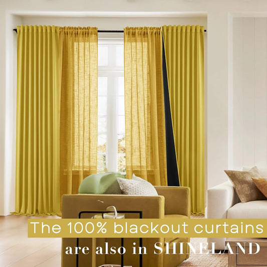 SHINELAND Mustard Yellow Sheer Curtains 84 Inches Long for Spring Living Room,Vintage Semi Light Filtering Linen Textured Boho Curtains 2 Panels Set for Bedroom 7FT Length