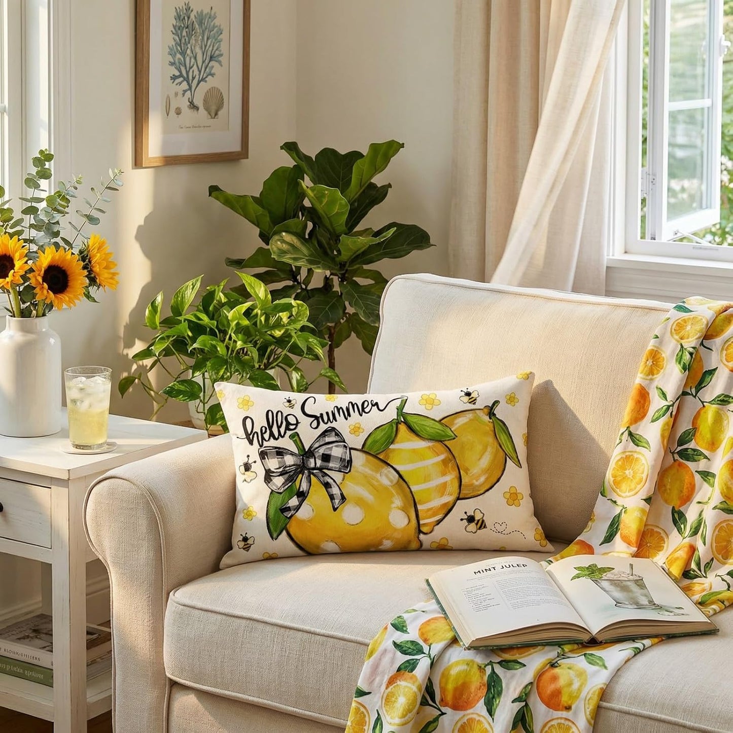 GEEORY Summer Lemon Pillow Cover 12x20 Inch - Hello Sunshine Bee Farmhouse Decor, Spring Summer Citrus Throw Pillow Case for Sofa, Couch, Living Room
