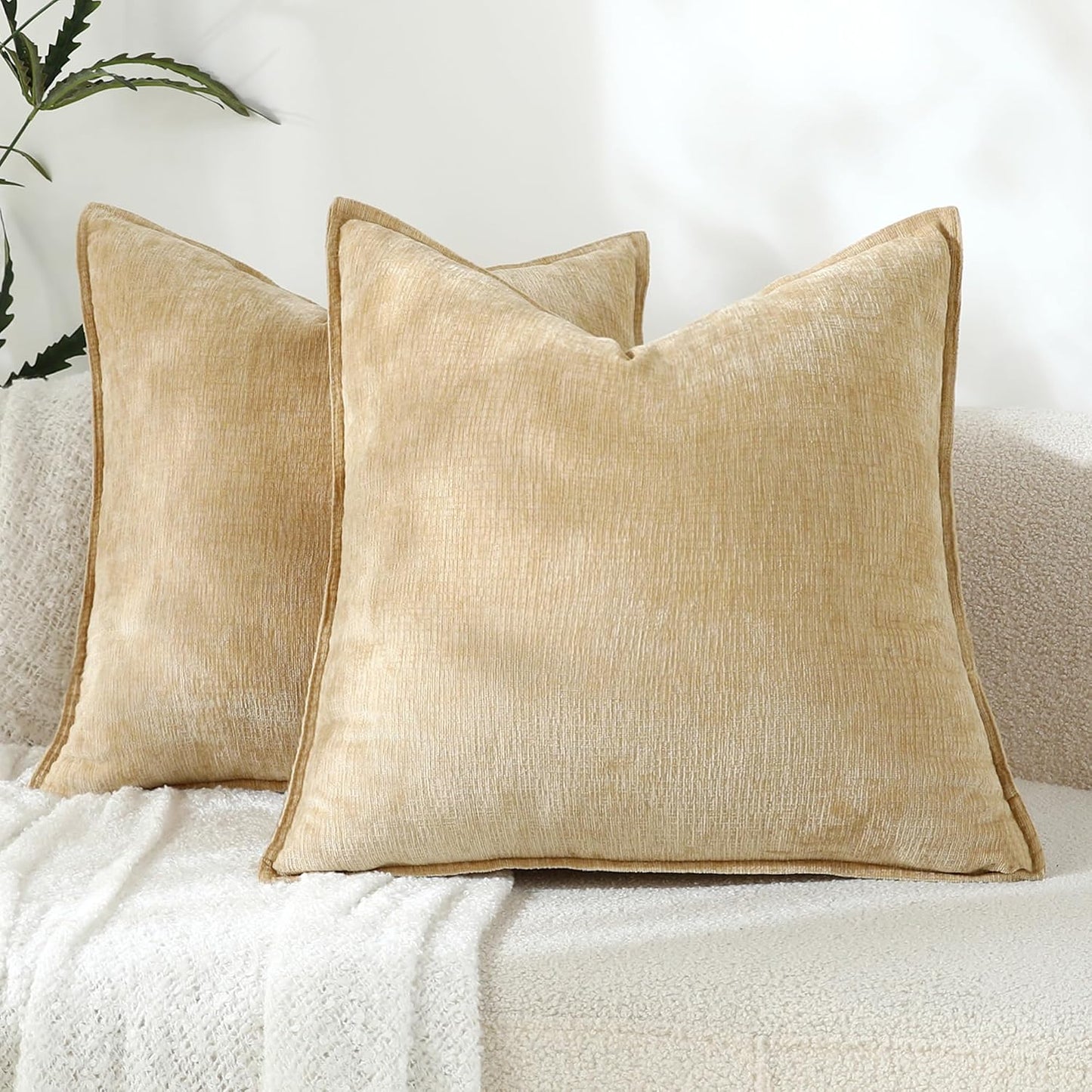 Stellhome Soft Decorative Chenille Pillow Covers 18x18 Inch Natural Yellow Boho Farmhouse Neutral Couch Throw Pillows for Bed Sofa Livingroom Pack of 2 Accent Modern Pillowcase Home Decor