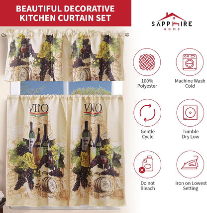 Sapphire Home Kitchen Curtain Linen 3 Piece Set - 2 Tiers + 1 Tailored Valance, Sunflower Design Linen Stylish Window Curtains for Your Kitchen Décor, KC Sunflower White Green Yellow