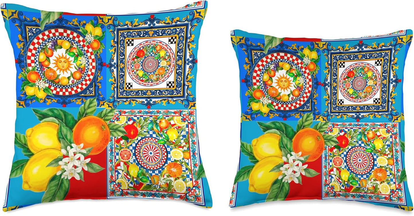 Colorful Lemon Summer Sun Mediterranean Art Throw Pillow