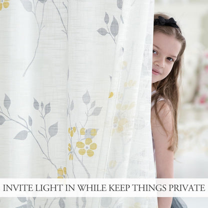 Beauoop Floral Linen Semi Sheer Curtains 84 Inches Long 2 Panels for Living Room Bedroom Yellow Grey Farmhouse Flower Patterned Light Filtering Textured Grommet Top Window Treatments Drapes, 50x84