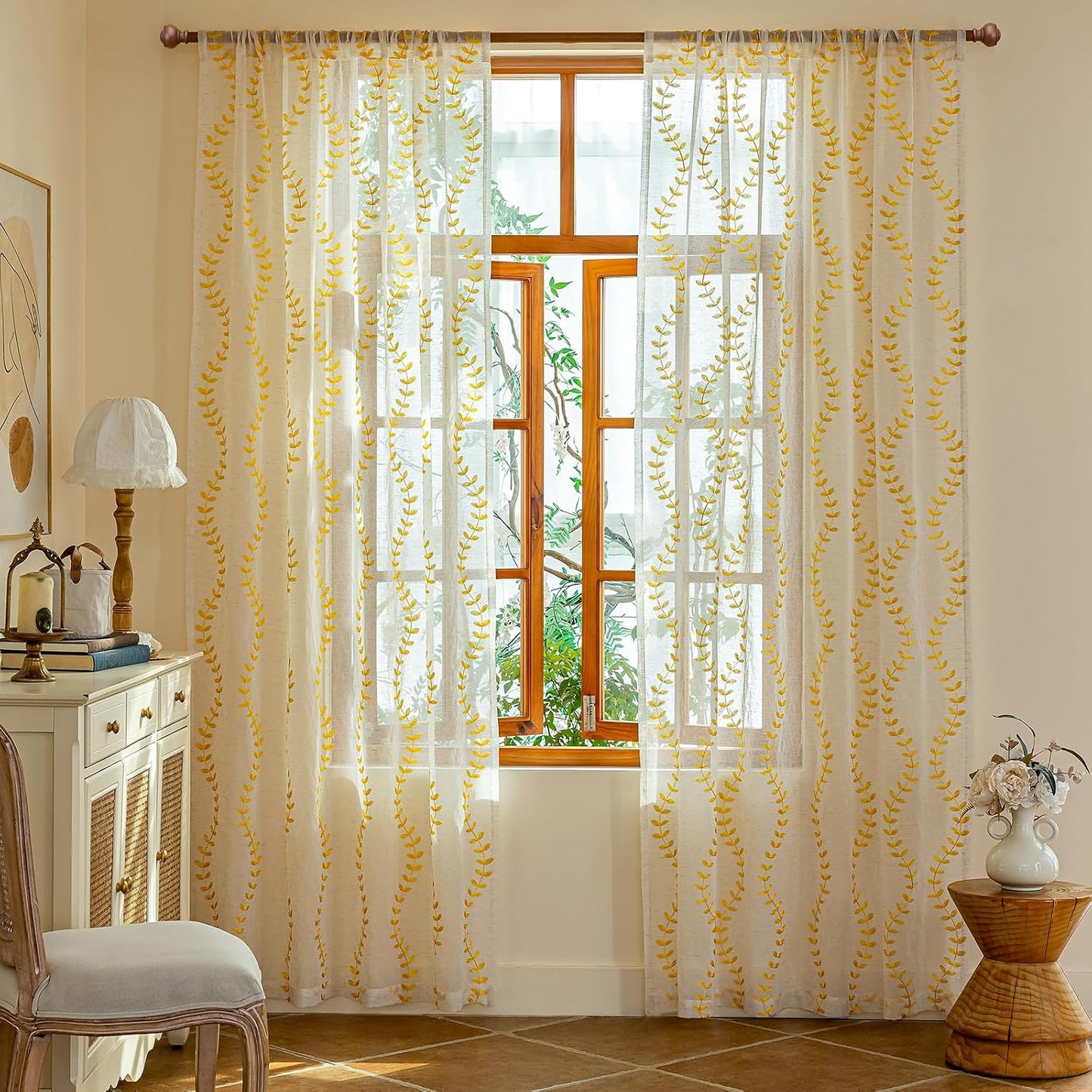 AmHoo 2 Panels Linen Leaf String Floral Embroidered Semi Sheer Curtain Farmhouse Voile Curtains for Living Room Bedroom Window Treatment Gold Yellow 52 x 84 Inch