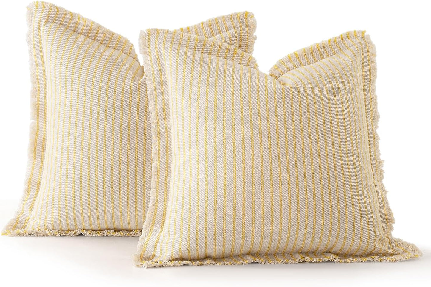 MIULEE Pack of 2 Yellow Pillow Covers 20x20 Inch Striped Farmhouse Couch Spring Throw Pillow Covers with Fringe Chic Cotton Decorative Cushion Covers for Summer Sofa Living Room Bed Outdoor Home Decor