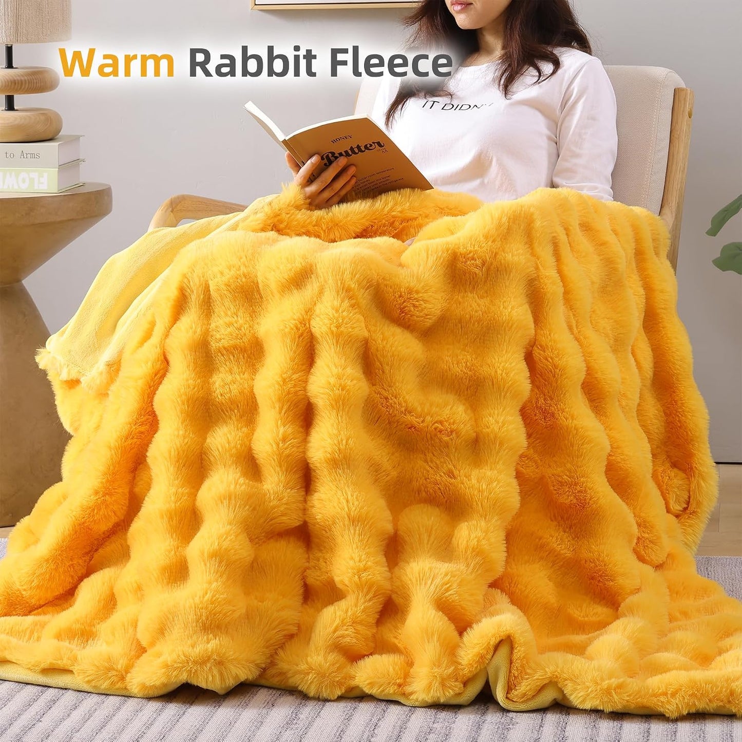 Smoofy Faux Fur Throw Blanket for Couch - Mustard Yellow Soft Cozy Bubble Blanket, Fluffy Plush Fuzzy Throw for Sofa & Bed, Thick Lightweight Warm Blanket, Luxury Aesthetic Gift for Women 50"x60"