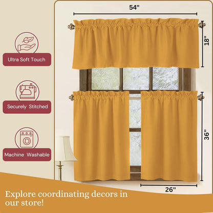3 Piece Window Curtain Set, 100% Cotton, 2 Tiers 26x36 Inch & 1 Valance 54x18 Inch, Semi Sheer, Rod Pocket, Short Curtains for Kitchen, Café, Living Room, Bathroom, Mustard Yellow