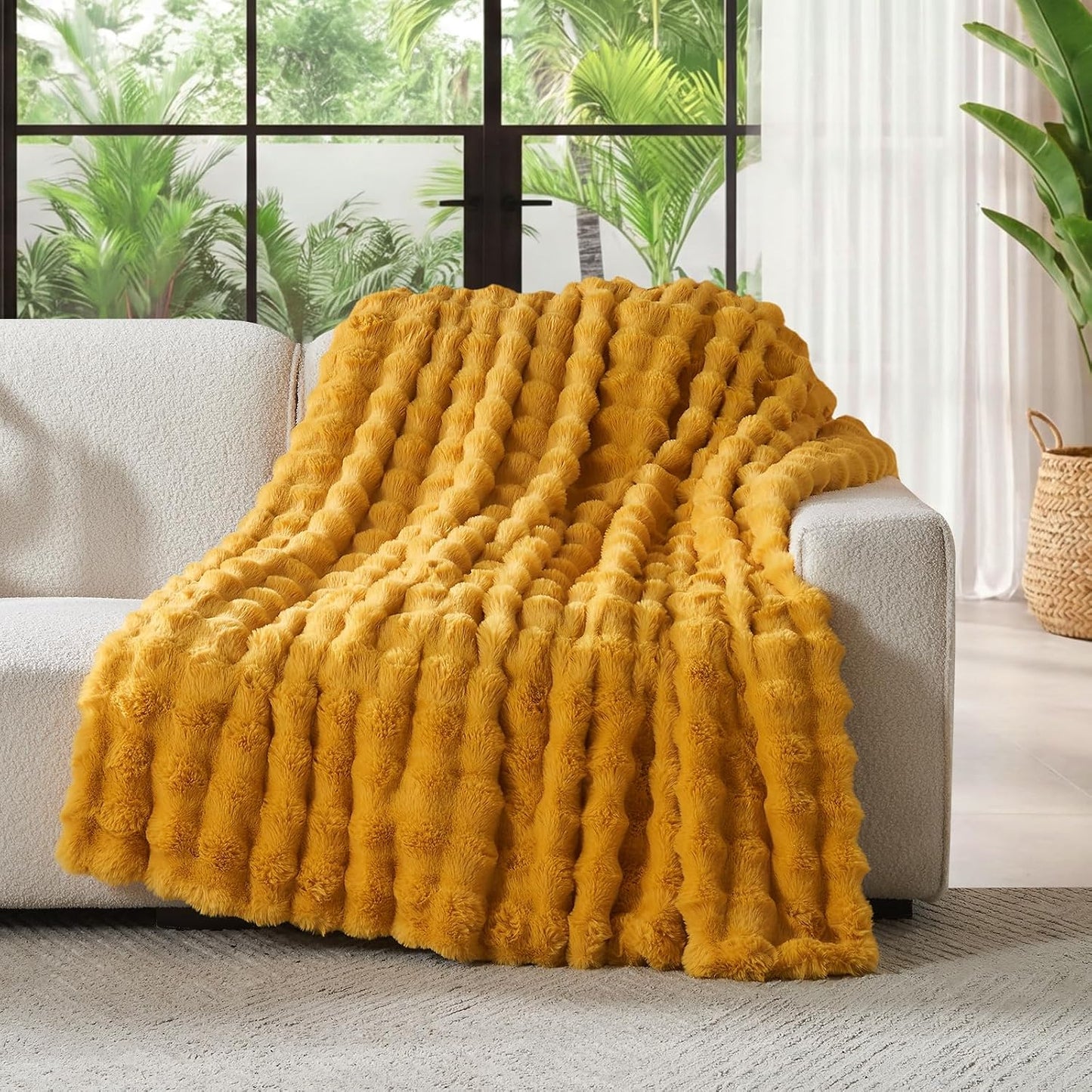 Lotus Karen Faux Fur Throw Blanket Ginger Yellow - Big Bubble Rabbit Fluff Blanket for Couch Bed Sofa,Softest Fluffy Fuzzy Cozy Blanket,Thick Furry Plush Shaggy Warm Blankets for Women,50x60 Inches
