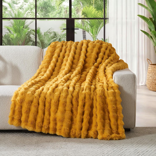Lotus Karen Faux Fur Throw Blanket Ginger Yellow - Big Bubble Rabbit Fluff Blanket for Couch Bed Sofa,Softest Fluffy Fuzzy Cozy Blanket,Thick Furry Plush Shaggy Warm Blankets for Women,50x60 Inches