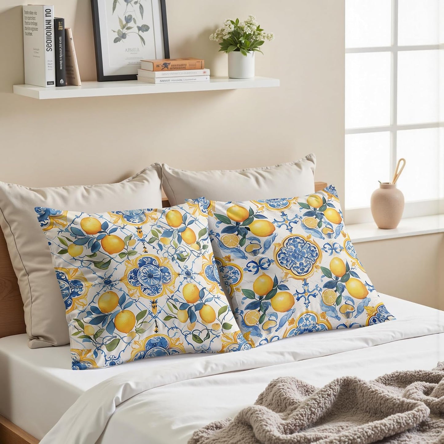 Blue and Yellow Mediterranean Lemon Throw Pillow Covers 18x18 Set of 2,Lemons Gifts for Women,Blue Summer Lemon Pillowcase for Girls Room Dorm Apartment, Italy Majolica Tiles Lemons Decor