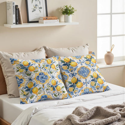 Blue and Yellow Mediterranean Lemon Throw Pillow Covers 18x18 Set of 2,Lemons Gifts for Women,Blue Summer Lemon Pillowcase for Girls Room Dorm Apartment, Italy Majolica Tiles Lemons Decor