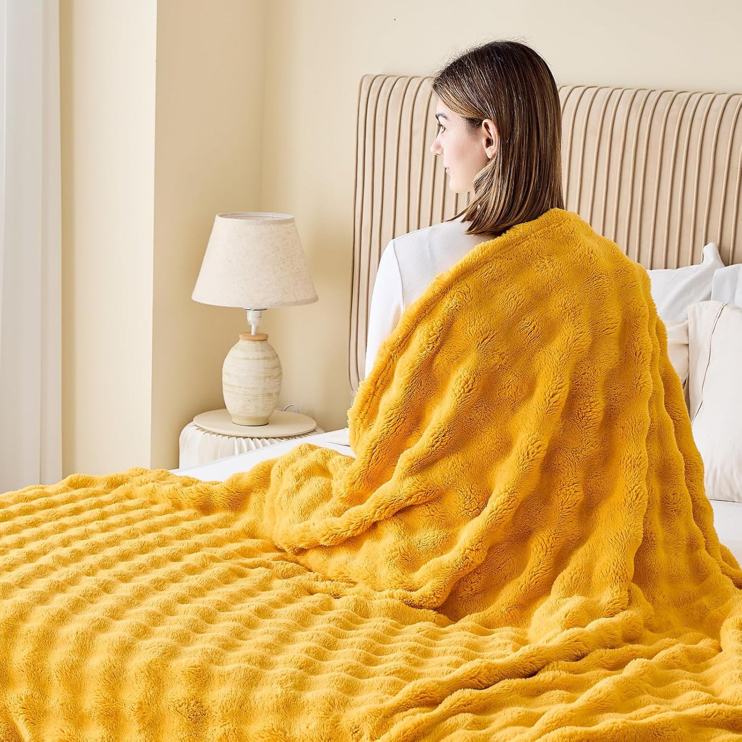 NEWCOSPLAY Throw Blanket for Couch Mustard Yellow Super Soft Flannel Fleece 3D Bubble Lightweight Bed Blanket All Season Use (Mustard Yellow, Throw(50"x60"))