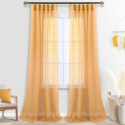 Mustard Yellow Textured Curtains 84 Inch Length 2 Panels for Living Room Bedroom Dining Room Boho Back Tab Rod Pocket Pom Pom Tufted Gold Semi Sheer Curtain 84 Inches Long for Nursery Girls Kids Room