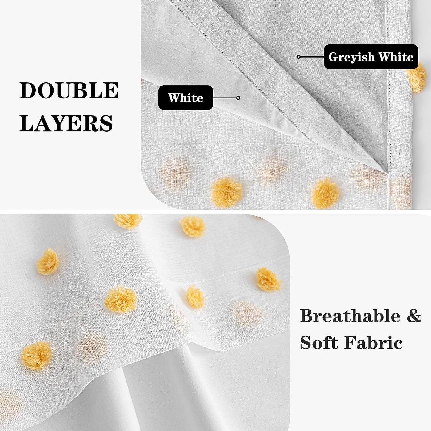MEETSKY 100% Blackout Curtains for Girls Bedroom 63 Inch Length 2 Panels,Total Light Blocking Yellow White Pom Pom Curtains for Kids Room Darkening Window 2 Layered Drapes, Mustard Yellow, 52W x 63L