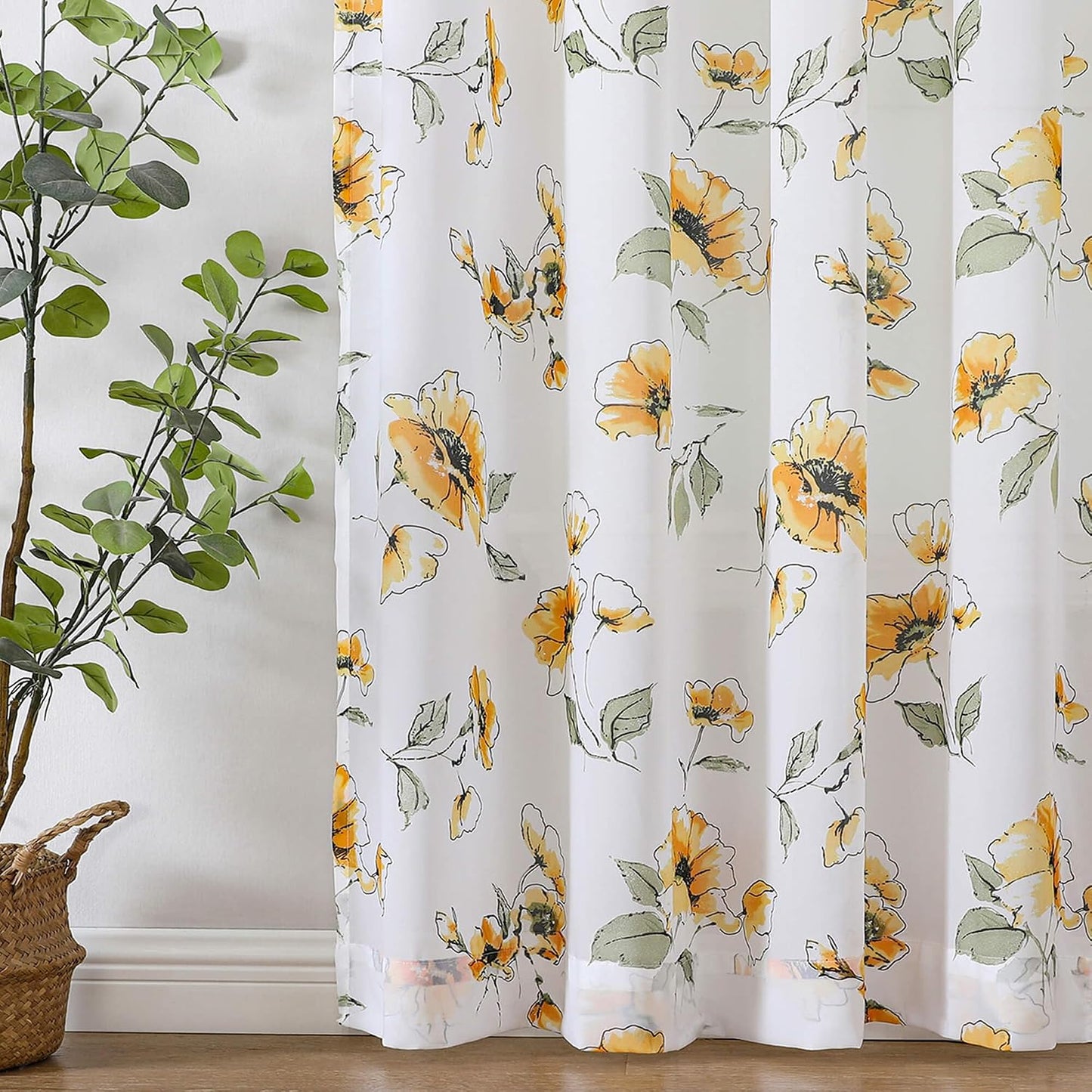 Yellow Floral Sheer Curtains 84 inches Long for Living Room, Silky-Smooth Chiffon Privacy Semi Sheer Drapes Chinoiserie WildFlower Patterned Window Curtains 2 Panel Sets for Bedroom, Yellow and White