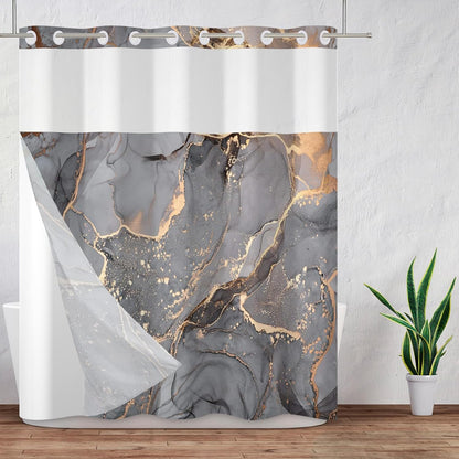 Gray Yellow Marble No Hook Shower Curtain with Snap in Liner Stylish Texture Shower Curtains for Luxury Hotel Grade Spa Bathroom Decor Double Layer Bathtubs Hotel Curtain Set 71x74 Inch