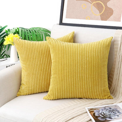Thmyo Pack of 2 Corduroy Soft Decorative Throw Pillow Covers Striped Square Cushion Cases Pillowcases for Sofa Couch Bed Chair Home Decoration, 18x18 inch/45x45 cm, Yellow