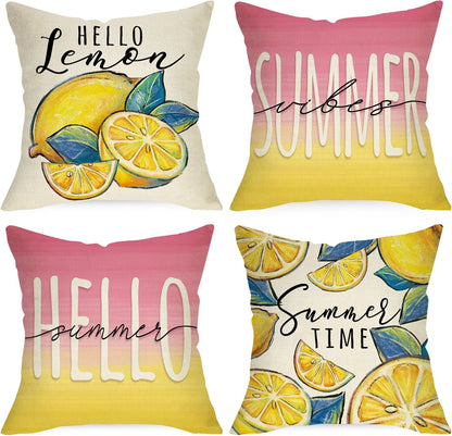 Hello Summer Lemon Decorative Throw Pillow Covers 18 x 18 Set of 4, Summer Vibes Fruit Pink Yellow Cushion Case Decor, Seasonal Home Decoration for Sofa Couch