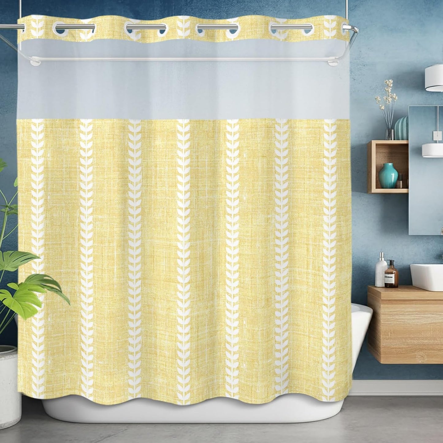 Light Yellow Linen Shower Curtains Set Modern Farmhouse Vertical Lines No Hook Shower Curtains with Snap in Liner 72" x 78" Waterproof Fabric See Through Top Sheer Window for Bathroom Shower Room