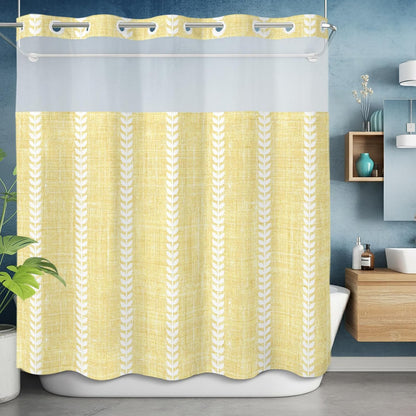 Light Yellow Linen Shower Curtains Set Modern Farmhouse Vertical Lines No Hook Shower Curtains with Snap in Liner 72" x 78" Waterproof Fabric See Through Top Sheer Window for Bathroom Shower Room