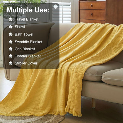 Cotton Muslin Throw Blanket with Tassels, Lightweight Woven Gauze, Pre-Washed Breathable Farmhouse Decor for Bed, Couch, All-Season Use (Yellow, 50" x 60")