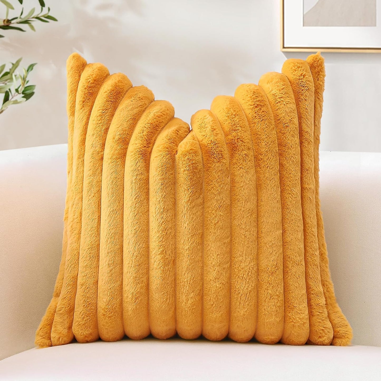 OTOSTAR Mustard Yellow Faux Rabbit Fur Decorative Throw Pillow Cover 20x20 Inch Soft Cozy Plush Striped Pillowcase Velvet Cushion Cover for Sofa Couch Bed Living Room